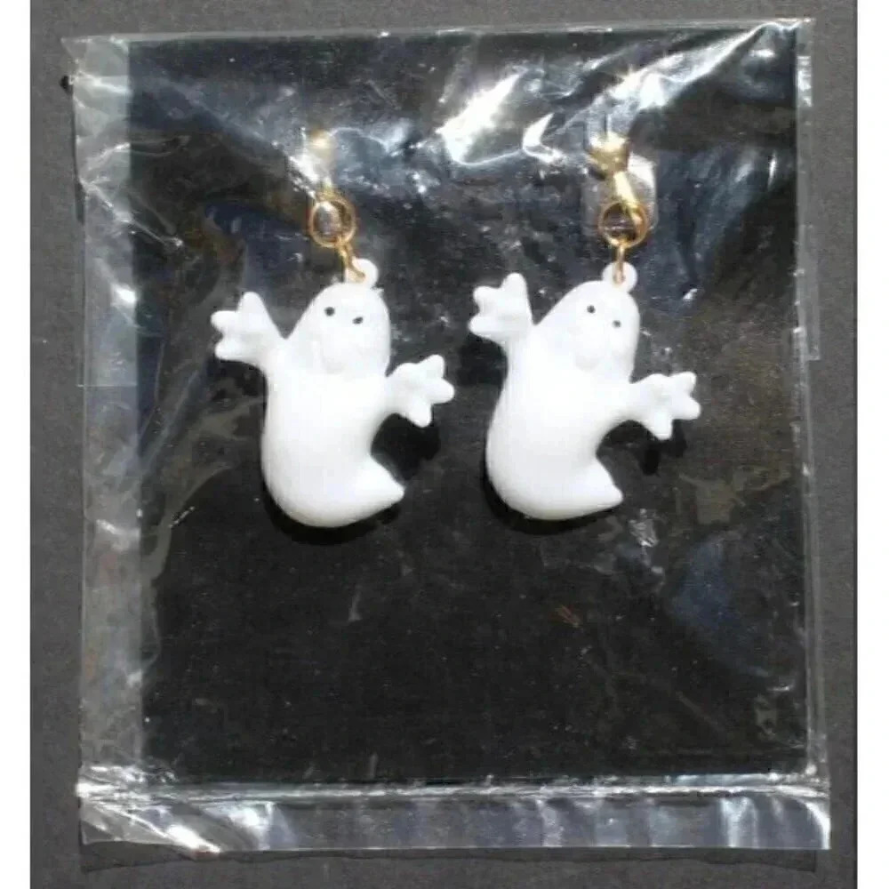 Vintage White Retro Ghost Clip On Earrings Boo Halloween Plastic Nos 8$